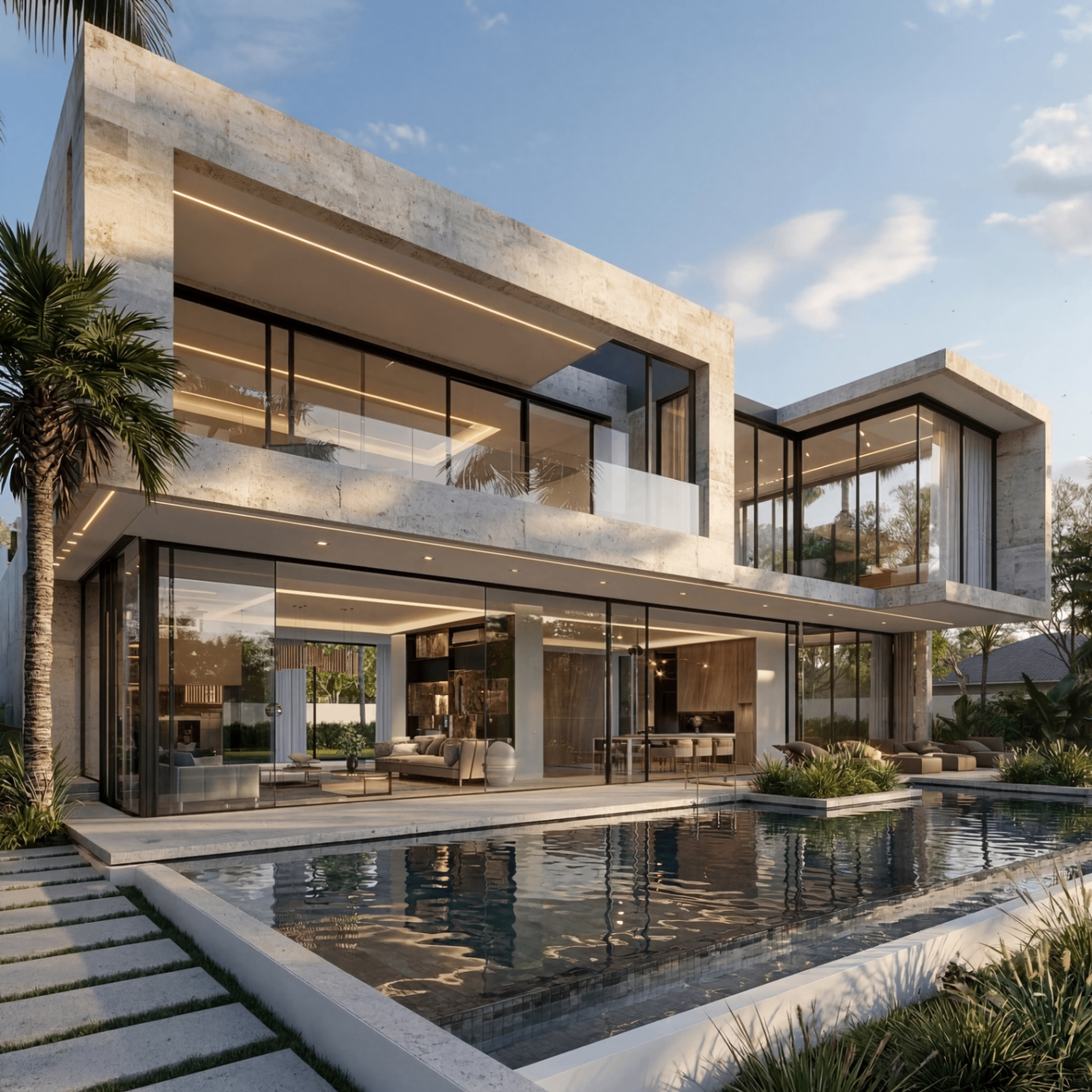 Contemporary stone villa with glass walls and a swimming pool